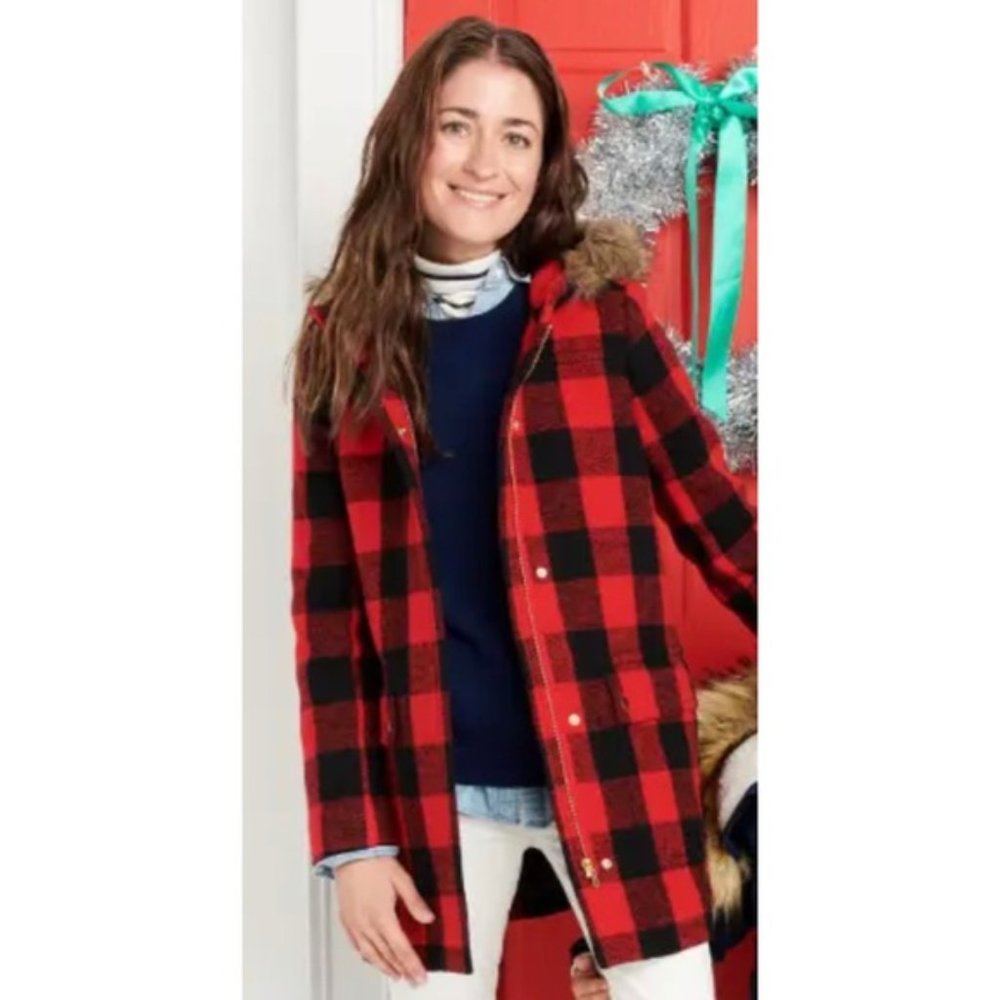 J. Crew Vail Buffalo plaid red black parka coat jacket size 2